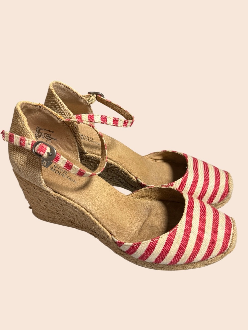 Red & White Striped Espadrille Wedge Sandals 8